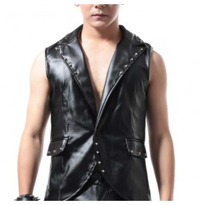 Men youth boys jazz dance vest street hiphop dance gogo rapper dancers Stage lapel sleeveless coats locomotive vest rivet punk Rock dance waistcoats for male